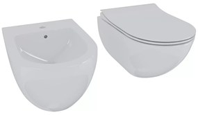 Set Di Sanitari Sospesi Coppia Vaso WC E Bidet Design Moderno Ovale In Ceramica Con Copriwater Chiusura Soft Close Rallentata Con Sgancio Rapido Colore Bianco Lucido