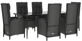 Set da pranzo da giardino 7 pz nero con cuscini in polyrattan