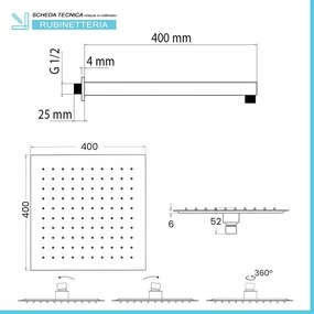 Set doccia cromato con braccio soffione quadrato 40x40 e kit doccia