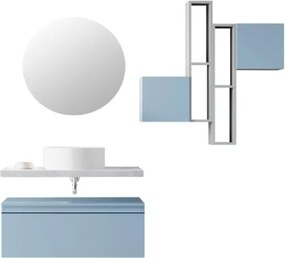 Mobile Bagno Sospeso 80 Cm Con Cassettone Blu Pastello Mensola Beton Lavabo E Specchio Aurora