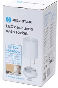Aigostar - Lampada da tavolo con prese di corrente e porte USB 1xE27/60W/230V bianca
