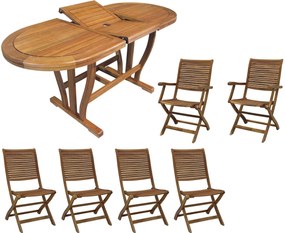 TURRIS - set tavolo in legno massiccio di acacia cm 120/160 x 70 x 74 h con 4 sedie e 2 poltrone Mulier