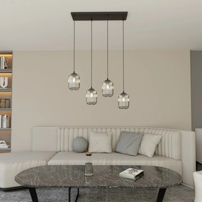 Lampadario 4 Luci Selene In Acciaio Nero E Vetri Plissettati Fumè