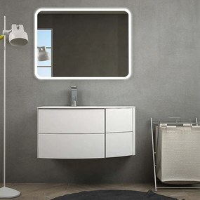 Mobile bagno Rio 90 Bianco opaco sospeso asimmetrico design curvo con specchio led, lavabo a sinistra