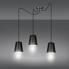 Lampadario 3 Luci Link In Acciaio Nero Cavo Lungo E Paralumi Cono Nero E Bianco