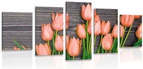 Quadri 5 pezzi – Affascinanti tulipani arancioni su sfondo di legno