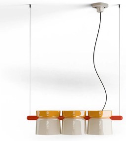 Lampadario Decò Yakitori Ceramica Giallo Crema Metallo Rosso 3 Luci E27