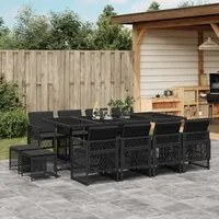 Set da Pranzo da Giardino 13pz con Cuscini Nero in Polyrattan 3210799