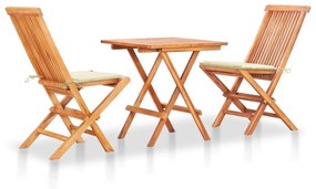 Set da bistrot 3 pz con cuscini crema in legno massello di teak