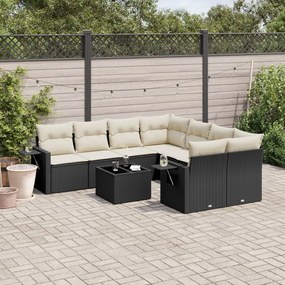 Set divani da giardino 9 pz con cuscini nero in polyrattan