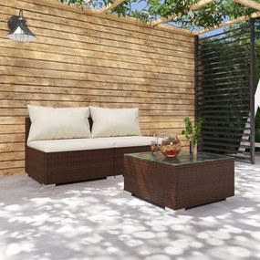 Set divani da giardino con cuscini 3 pz in polyrattan marrone