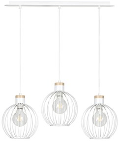 Lampadario 3 Luci Morgana Paralumi A Gabbia In Acciaio Bianco E Legno Naturale