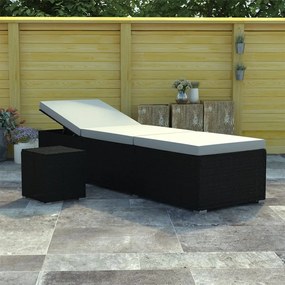 Lettino Prendisole Con Cuscino E Tavolino İn Polyrattan Nero /