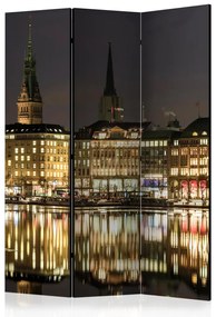 Paravento Notte ad Amburgo (3 parti) - luci della città riflesse nell'acqua