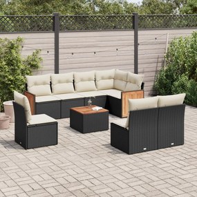 Set divani da giardino 9 pz con cuscini nero in polyrattan