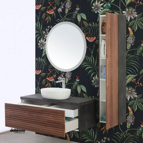 Mobile Bagno Sospeso "Ravello 2" Da 110 cm Con Un Cassetto Lavabo D'appoggio E Specchio Serigrafato Colore Noce Canaletto/Ardesia