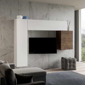 Parete da soggiorno Isoka A25 L.204 H.174 P.39,5 Bianco e Noce