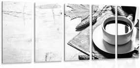 Quadri 5 pezzi – Tazza di caffè in autunno in bianco e nero