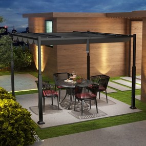 Costway Pergola da esterno 310x310cm con tettoia retrattile colonne metalliche extra-resistenti, Padiglione parasole Grigio