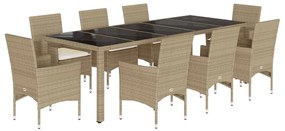 Set da pranzo da giardino 9 pz con cuscini polyrattan e vetro