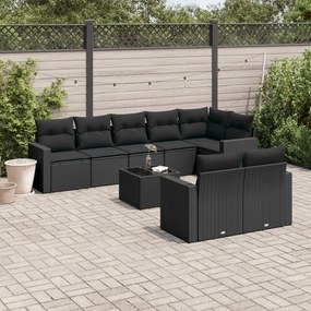 Set divani da giardino 9 pz con cuscini nero in polyrattan