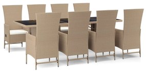 Set da pranzo da giardino 9 pz con cuscini beige in polyrattan