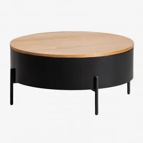 Tavolino Rotondo Alzabile In Legno E Acciaio (ø80 Cm) Tainara Nero - Marrone Quercia - Sklum