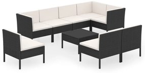 Set divani da giardino 9 pz con cuscini in polyrattan nero