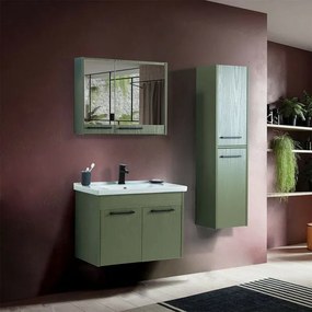 Mobile bagno sospeso 80 cm verde effetto legno con armadietto a specchio Sofia