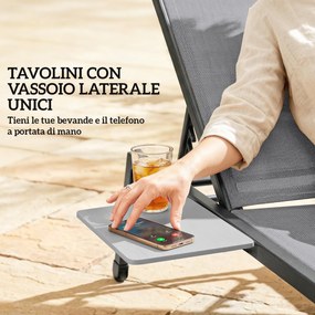 Set 2 Lettini Prendisole Regolabili in 5 Posizioni con Tavolino Laterale e 2 Ruote in Metallo e Poliestere Grigio...