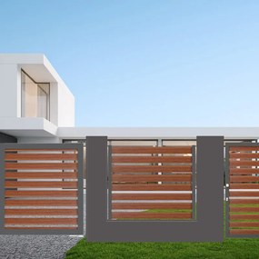 Cancello automatico battente Maia120-40 ALBA in alluminio rovere dorato telaio grigio, apertura centrale, L 350 x H 190 cm