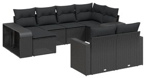 Set divani da giardino 10pz con cuscini in polyrattan nero