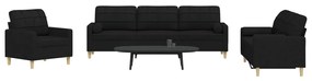 Set divani 3 pz con cuscini decorativi nero in tessuto