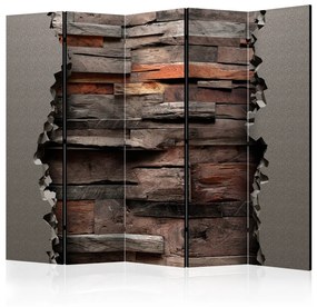 Paravento Natura nascosta II (5 parti) - astrazione, texture mattoni, legno
