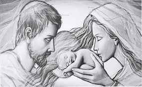 Quadro moderno in tela 65x125 cm tema Sacra Famiglia con dettagli in argento