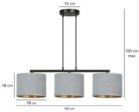 Lampadario 3 Luci Ganesha In Acciaio Nero E Paralumi In Tessuto Grigio