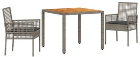 Set da pranzo giardino di 3 pezzi con cuscini grigi in polyrattan