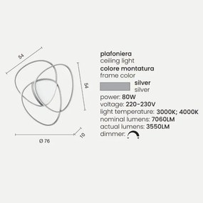 Plafoniera Led ROSE dimmerabile in metallo verniciato Argento D76 cm