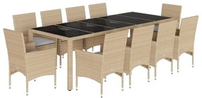 Set da pranzo da giardino 11 pz con cuscini polyrattan e vetro