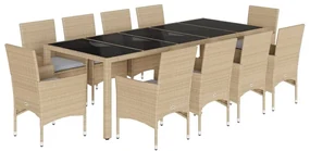 Set da pranzo da giardino 11 pz con cuscini polyrattan e vetro