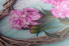 Stampa su tela – Peonie su cuore di legno
