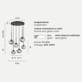 Lampada a sospensione JEWEL in metallo e vetro soffiato 55 cm 6 Luci verticale Oro