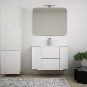 Mobile bagno Bianco frassino sospeso moderno 90 cm con colonna 170 cm cassettoni soft close e specchiera