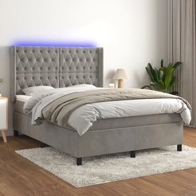 Letto a molle materasso e led grigio chiaro 140x200 cm velluto