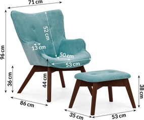 Poltrona con poggiapiedi turchese con rivestimento in velluto a coste Niko – Ropez