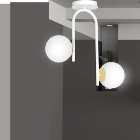 Lampadario 2 Luci Kalf In Acciaio Bianco A Bracci E Sfere In Vetro Opalino E Oro