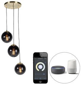 Lampada a sospensione intelligente in ottone con vetro nero 3 luci incl. WiFi ST64 - Pallon