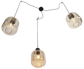 Lampada a sospensione di design nera con vetro ambrato 3 luci 226 cm - Qara
