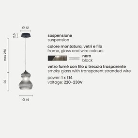 Lampada sospensione D16 cm in vetro soffiato Fumč - MADAGASCAR Mod2