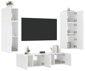 Mobili TV a Muro con LED 6pz Bianchi in Legno Multistrato